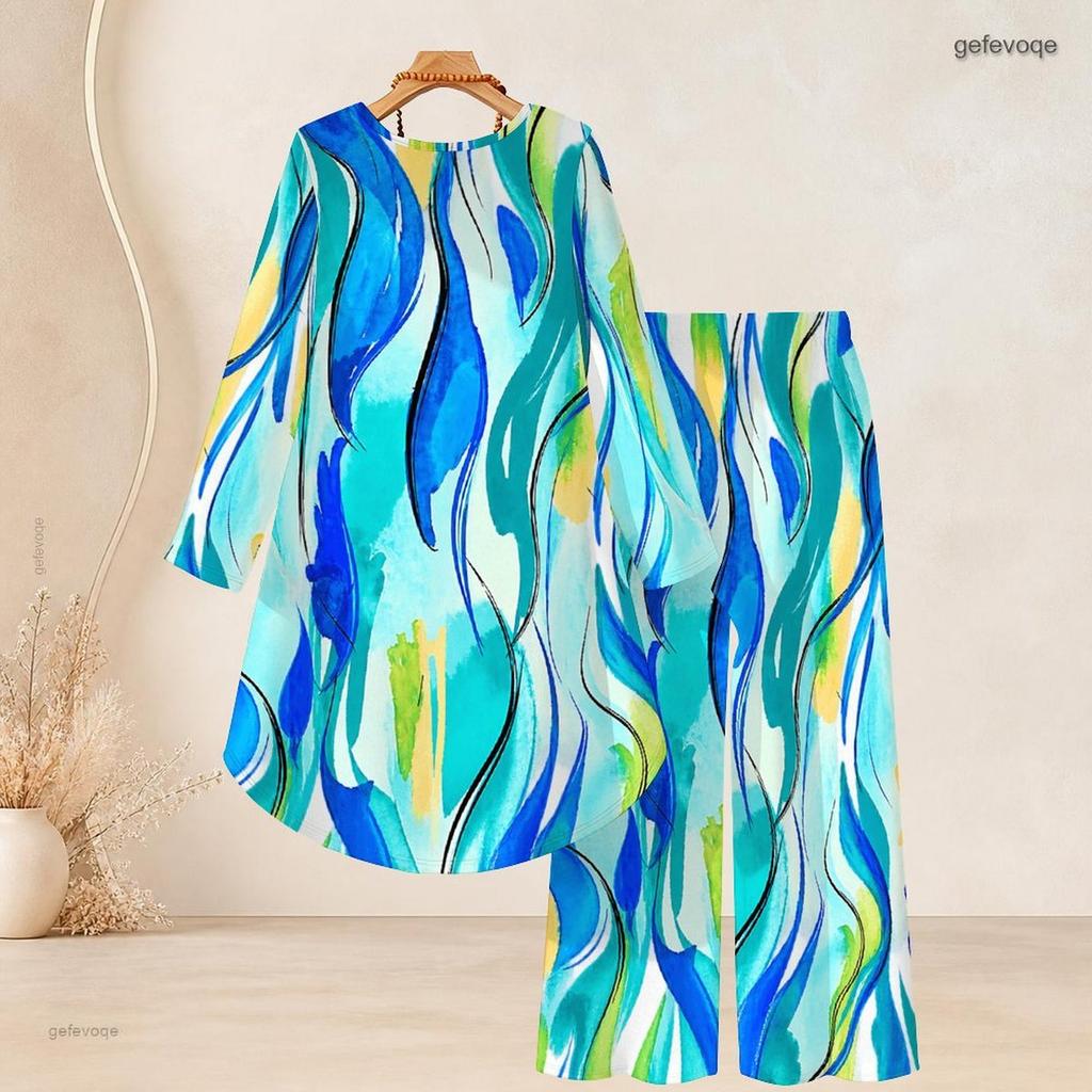 Women Plus Size Purple White Printed Round Neck Long Sleeve High Low Top Wide Leg Pants Two Piece Set