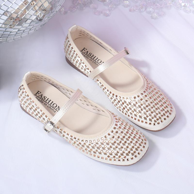 Fashion Low Heel Flats Fashion Round Head Shallow Mouth Sequin Mesh Breathable Line with Soft Sole Anti-slip Wear Sandals