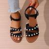 Women's Flat Sandals with Pearl Embellishments Cross Strap Open Toe Adjustable Buckle Closure Lightweight Casual Footwear for Summer