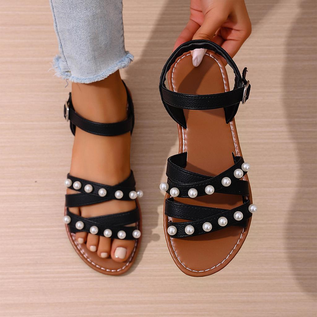 Women's Flat Sandals with Pearl Embellishments Cross Strap Open Toe Adjustable Buckle Closure Lightweight Casual Footwear for Summer