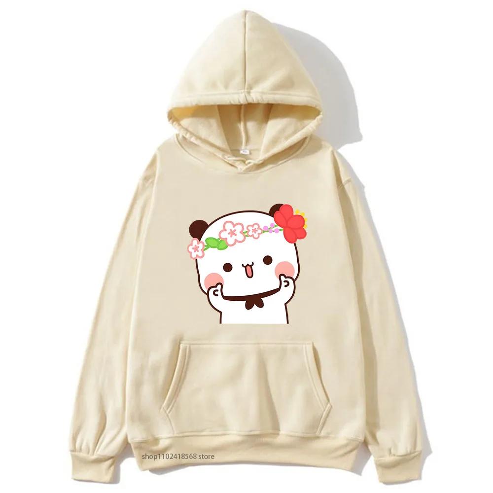Cute Pretty BuBu Panda in Flowery Head Piece Hoodie DuDu Bear Dancing and Playing with A Guitar Sweatshirt Women Tops