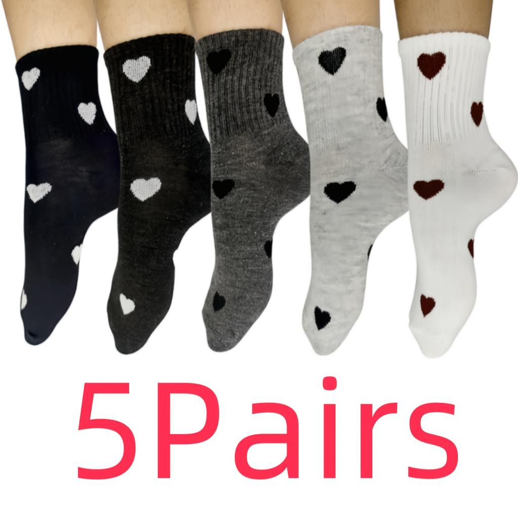 High Quality10pcs 5 Pairs Women'S Mid-Calf Socks with Heart Pattern, Calf Socks - Elegant Heart Pattern Design, Featuring a Heart Pattern In Fabric -