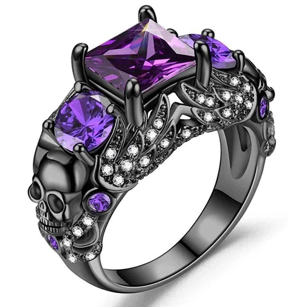 Gothic Rings Black Vampire Accessories Halloween Skull Ring Punk Crystal Ring for Women 7&Black Gun Plated фиолетовый