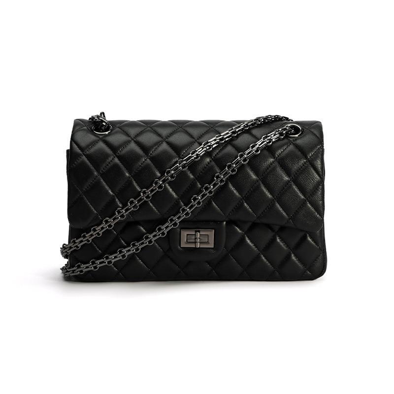 Borsa a tracolla da donna in pelle di pecora squisita, borsa a spalla in vera pelle, borsa nera, borsa con catena a diamante.