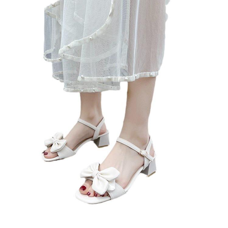 Soft leather high heels women's summer 2025 new fashion versatile bow comfortable word with thick heel sandals women