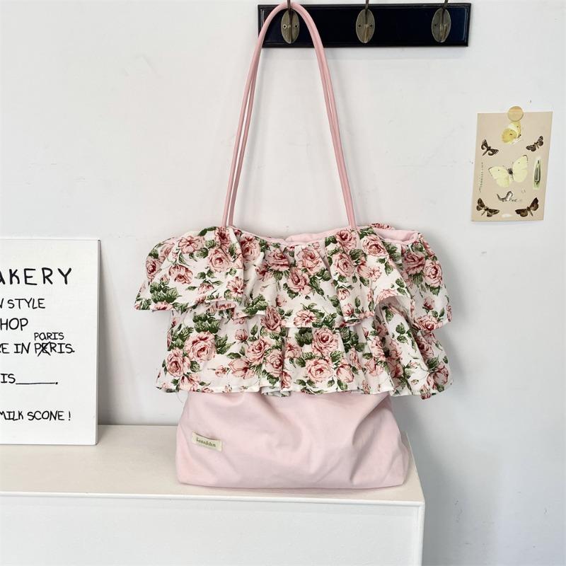 New Retro Rose Floral Splicing Shoulder Bag Women's Ruffle Edge Large-capacity Commuter Hand-held Underarm Bag