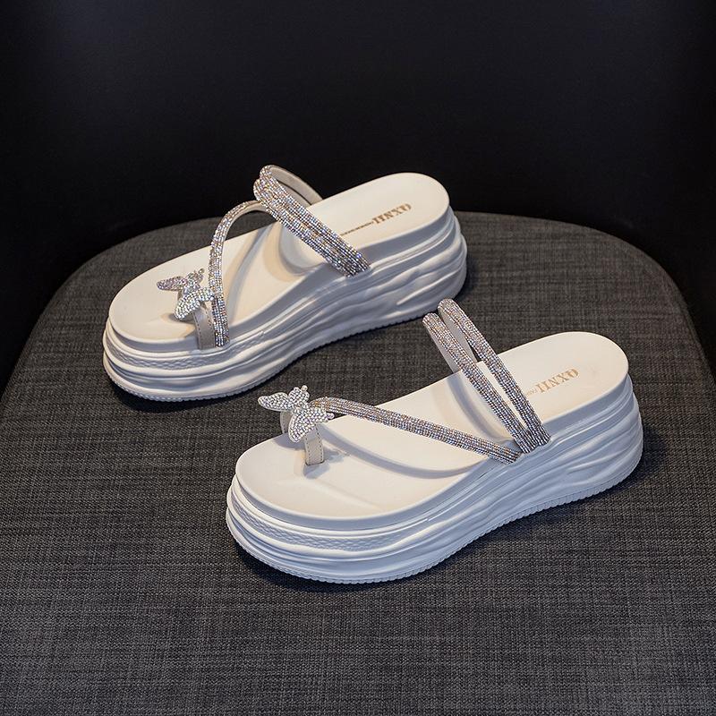 Wedge heel platform slippers women's 2025 summer new pearl rhinestone sandals platform versatile muffin women's shoes