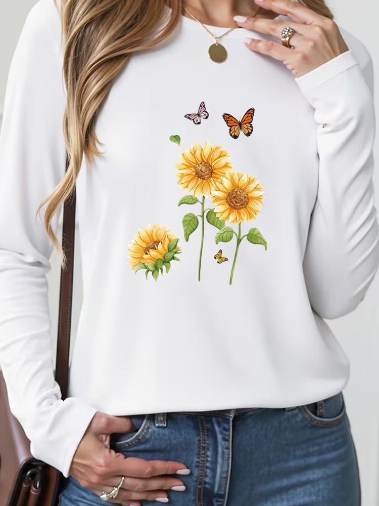 

(Asian Size) sweet butterfly trend cute T Shirt Tee Lady Printed o-neck Women Female Clothing Casual Fashion Top Long Sleeve Graphic T-shirts S