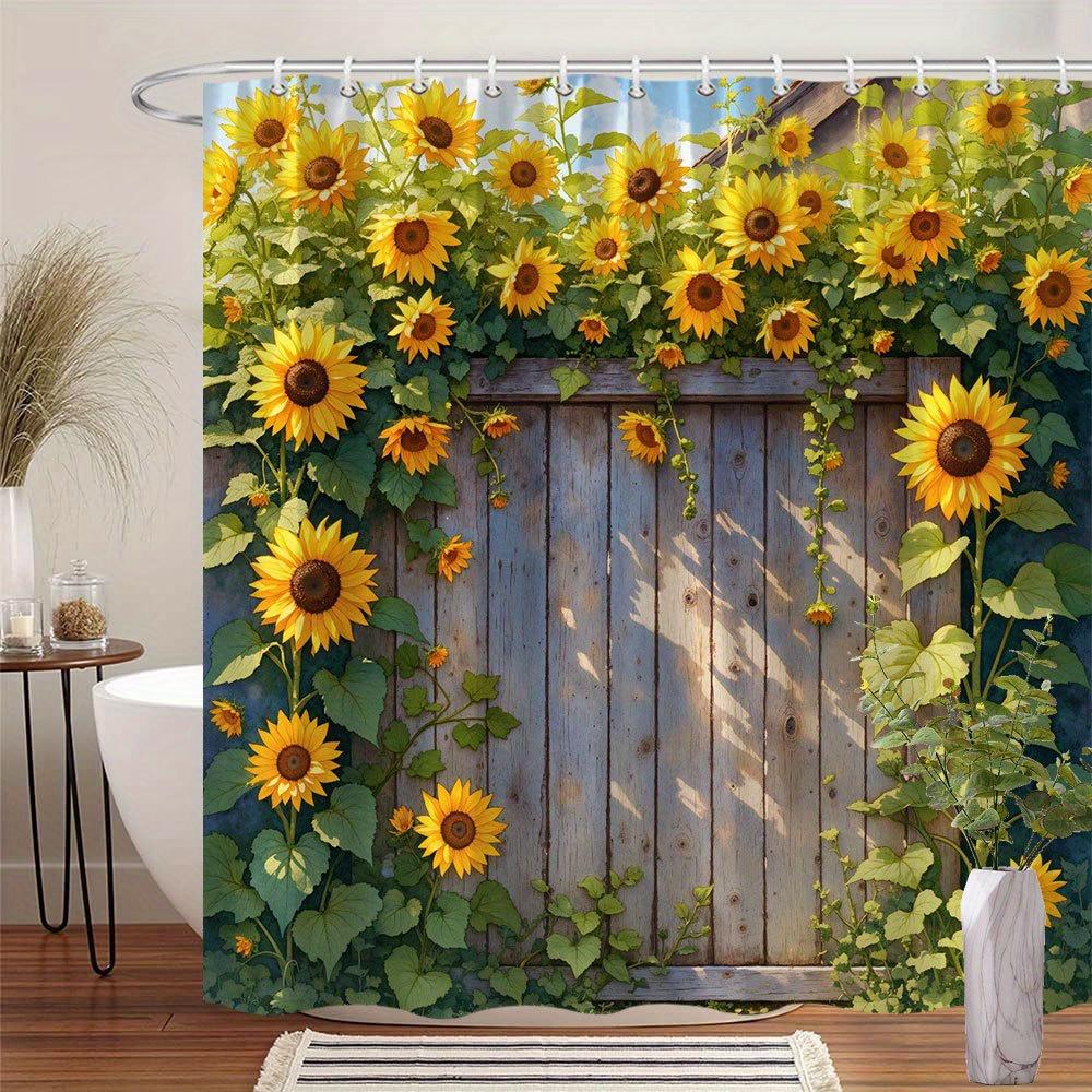 1pc Rustic Wooden Fence with Sunflowers Shower Curtain, Polyester, Fashion Theme, Vibrant Yellow Blooms & Lush Green Foliage 90X180CM