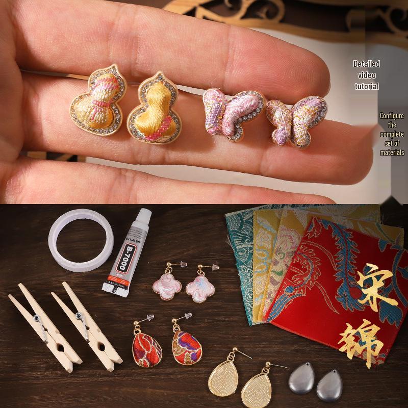 DIY Handmade Brocade Dangle Earrings Kit with 925 Silver Needles - New Chinese Style Gift Set