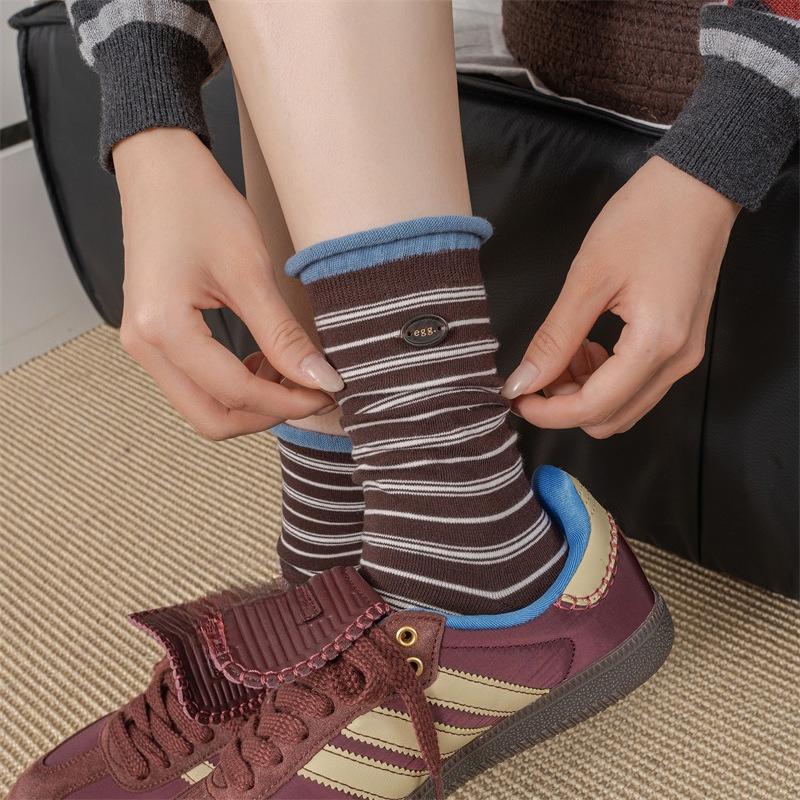 Female Autumn and Winter Retro Stripes Polka Dot Buttons In Color Tube Stack Socks