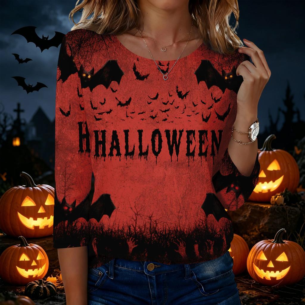 Women's Casual Round Neck Three Quarter Sleeve Halloween Print T Shirt Top Lightweight Comfortable Fit for Everyday Wear