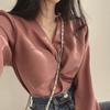 Women Shirt V-Neck Lantern Long Sleeve Pullover Tops Solid Color Knotted Design Regular Fit Tops Daily Wear