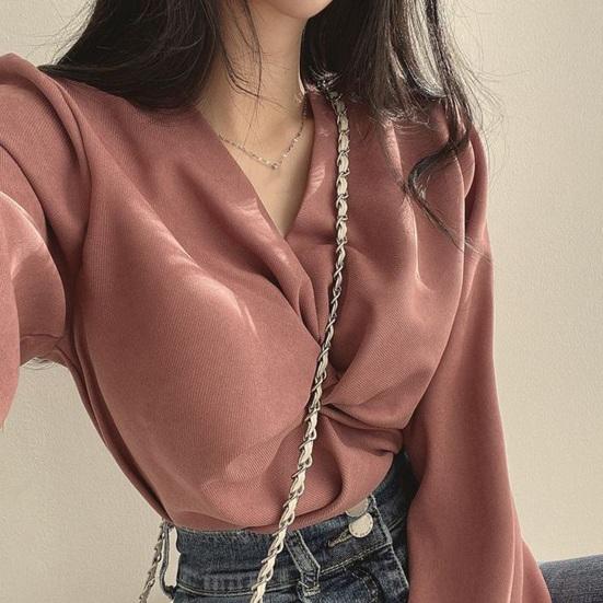 Women Shirt V-Neck Lantern Long Sleeve Pullover Tops Solid Color Knotted Design Regular Fit Tops