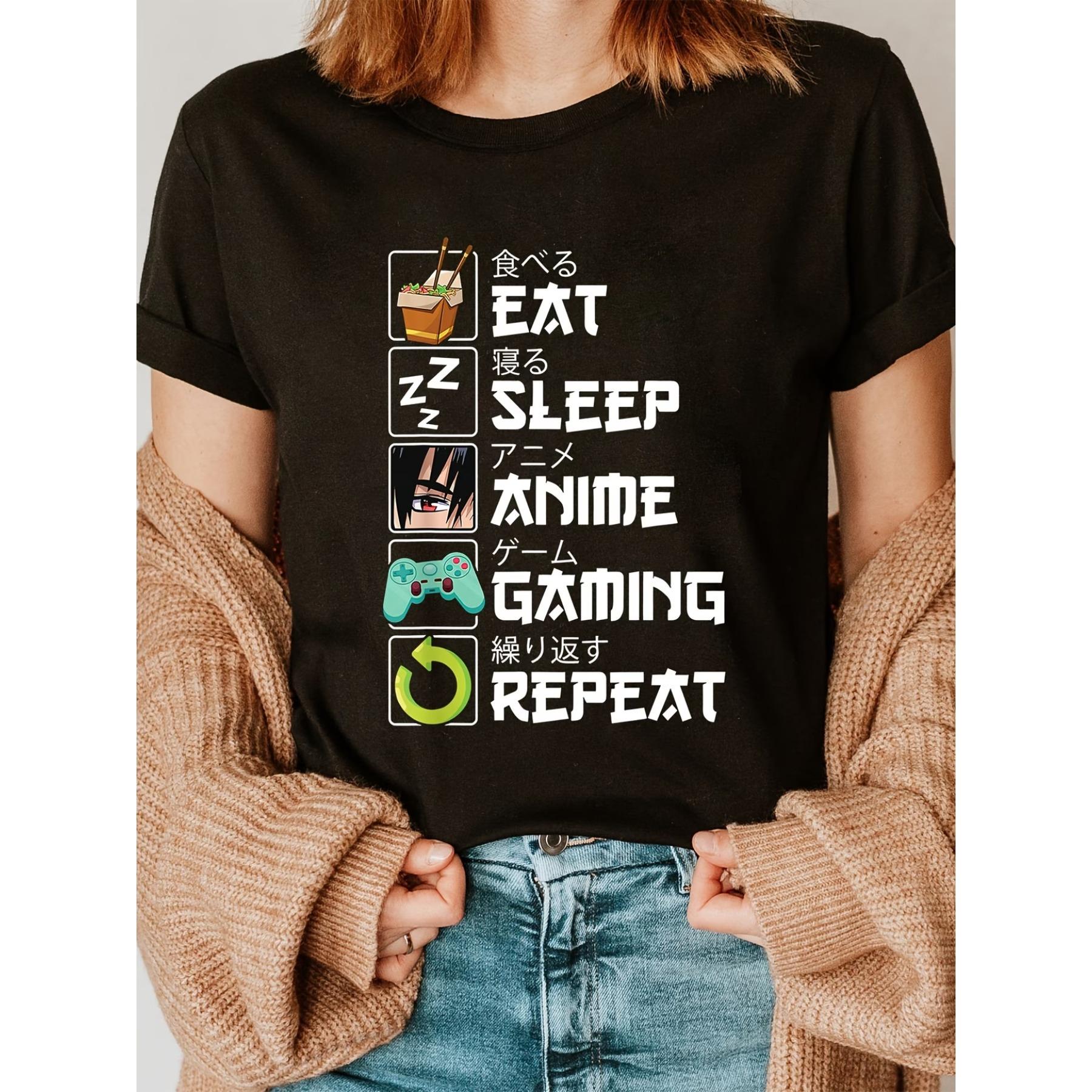 Women s Eat Sleep Anime Gaming Repeat Manga T-Shirt - Kawaii Otaku Slogan with Text & Anime Icons S чёрный