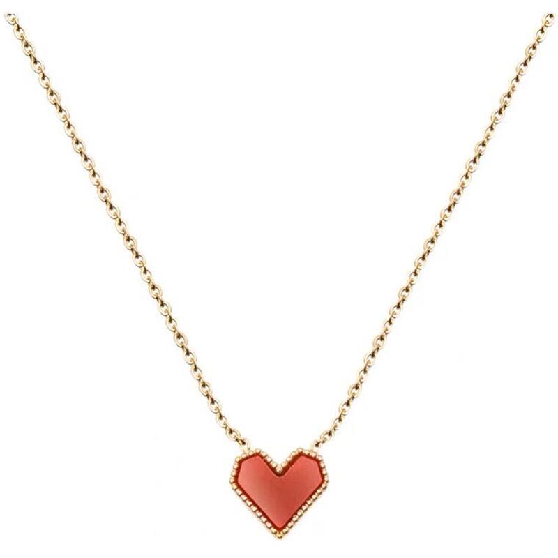 Korean Fashion 18K Gold-Plated Red Heart Necklace for Women - Retro French Titanium Steel Clavicle Chain