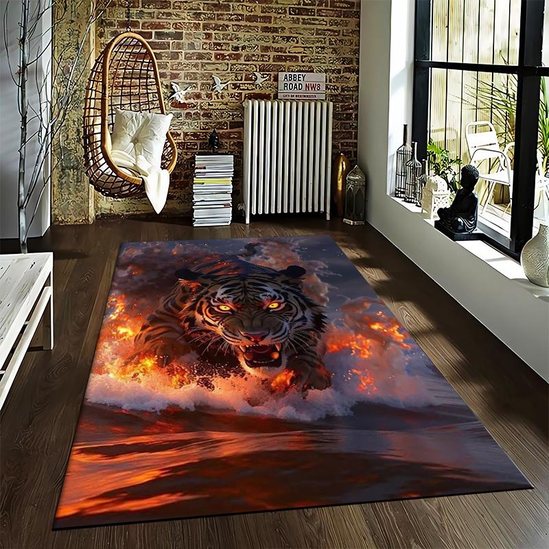 Fierce Tiger Design Carpet with Fire and Water Elements, Dark Style Suitable for Use As an Anti-slip for Living Room Bedroom Sofas
