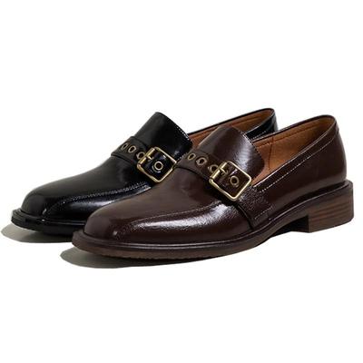 Women Shoes Natural Leather Pumps Square Toe Low Heels 2 Colors Classic Belt Buckle Loafers