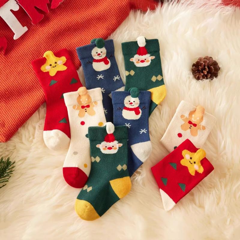 4Pairs/Set Cute Cartoon Christmas Socks Autumn Winter Kids Thick Warm Red Middle Tube Sock 0-8 Years Boy Girl Anti-Cold Floor Socks