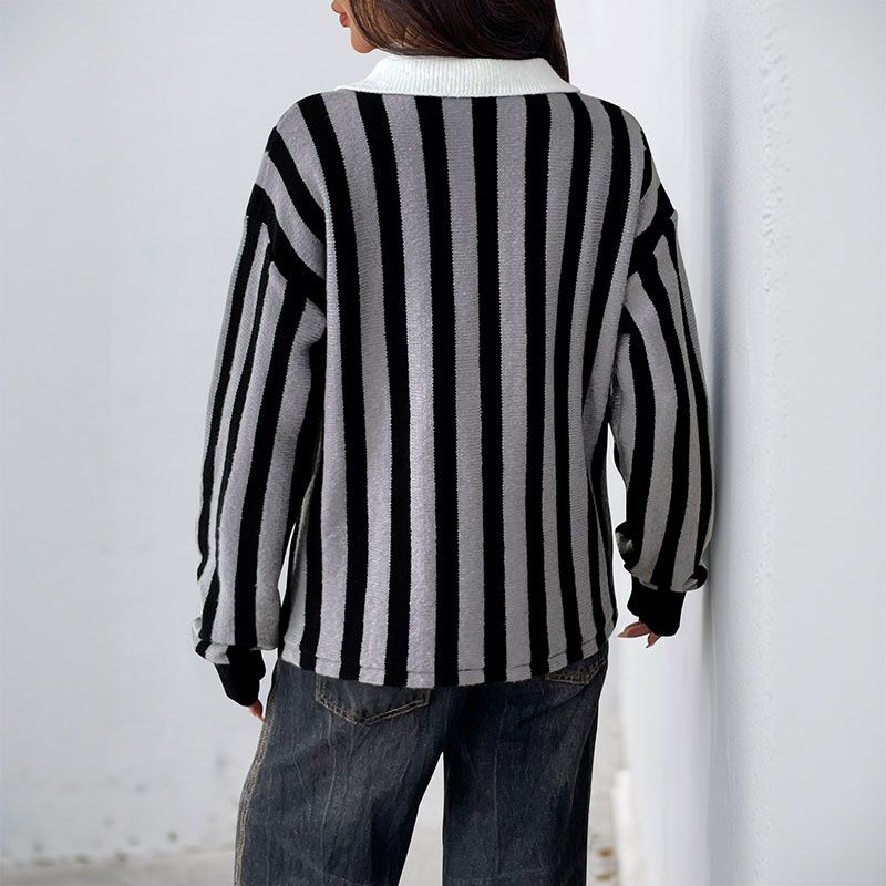Autumn Winter Women Sweater Ladies Tops Vertical Stripes Lapel Knit sweater Women