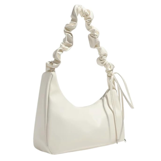 PETITCHOU Shoulder BagHandbag with Pleated Rush Drawstring, Minimalist, Simple, Crossbody, Lightweight, Perfect for Commuting, Korean Style (White)