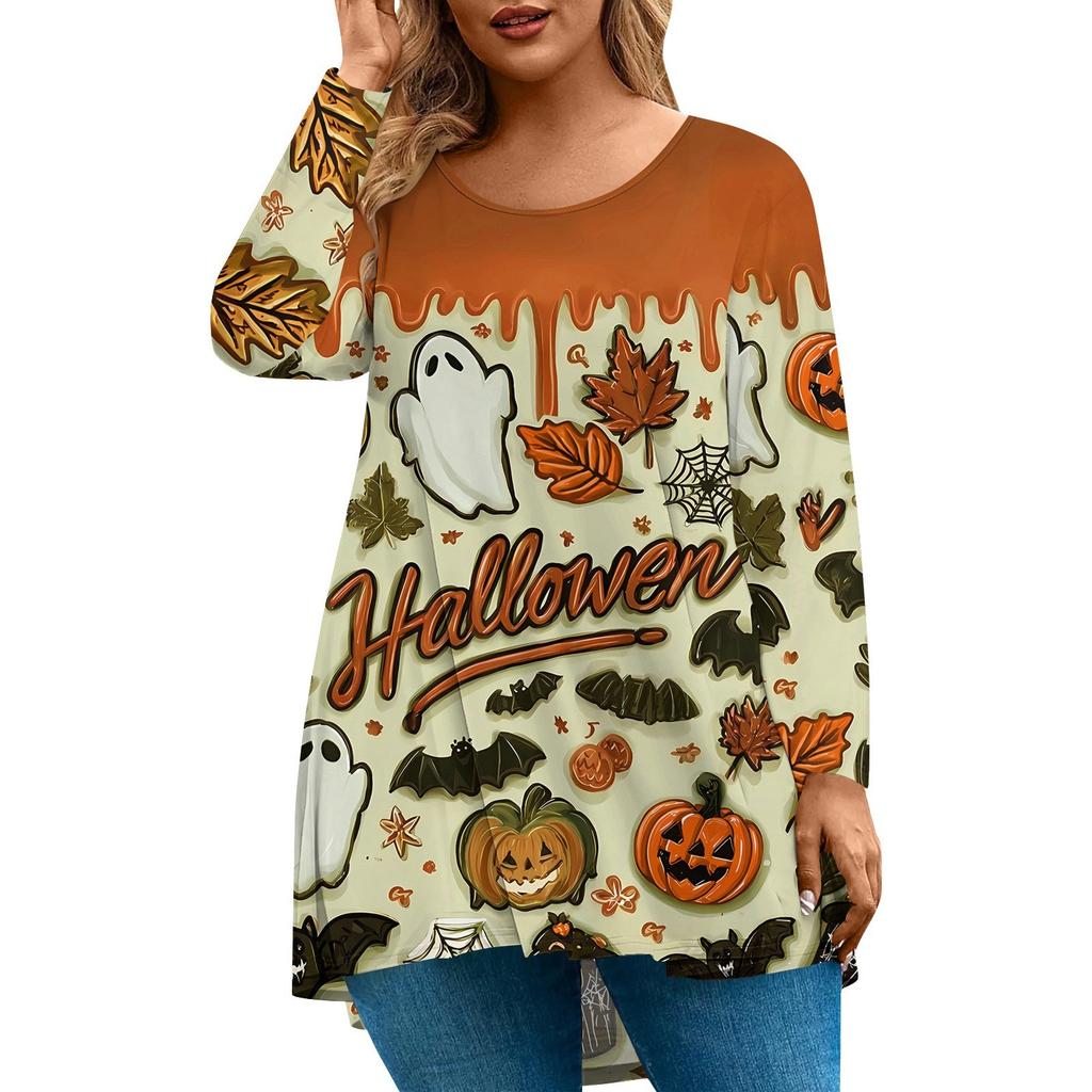 Women's Fashion Large Size Round Neck Long Sleeve Casual Halloween Print Loose Pullover Top