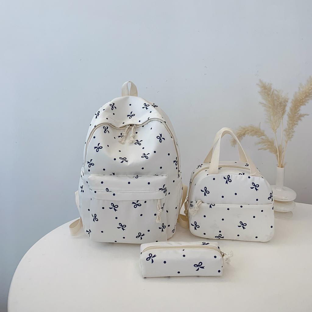 Korean Fashion Bow Print Women Backpack Simple Student Schoolbag Female Bag Set Three-Piece Backpack with Lunch Bag Pencil Case