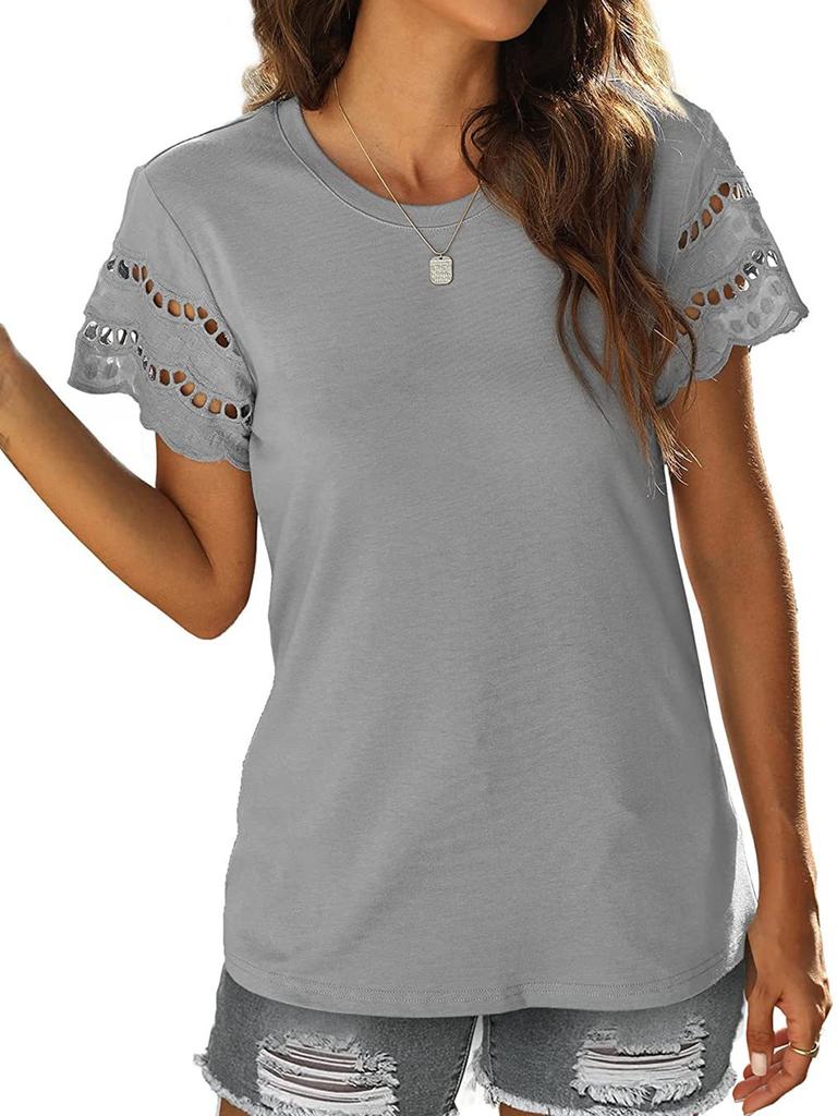 Women's Summer New Floral Lace Patchwork Short Sleeve T-Shirt Crew Neck Slim Fit Top