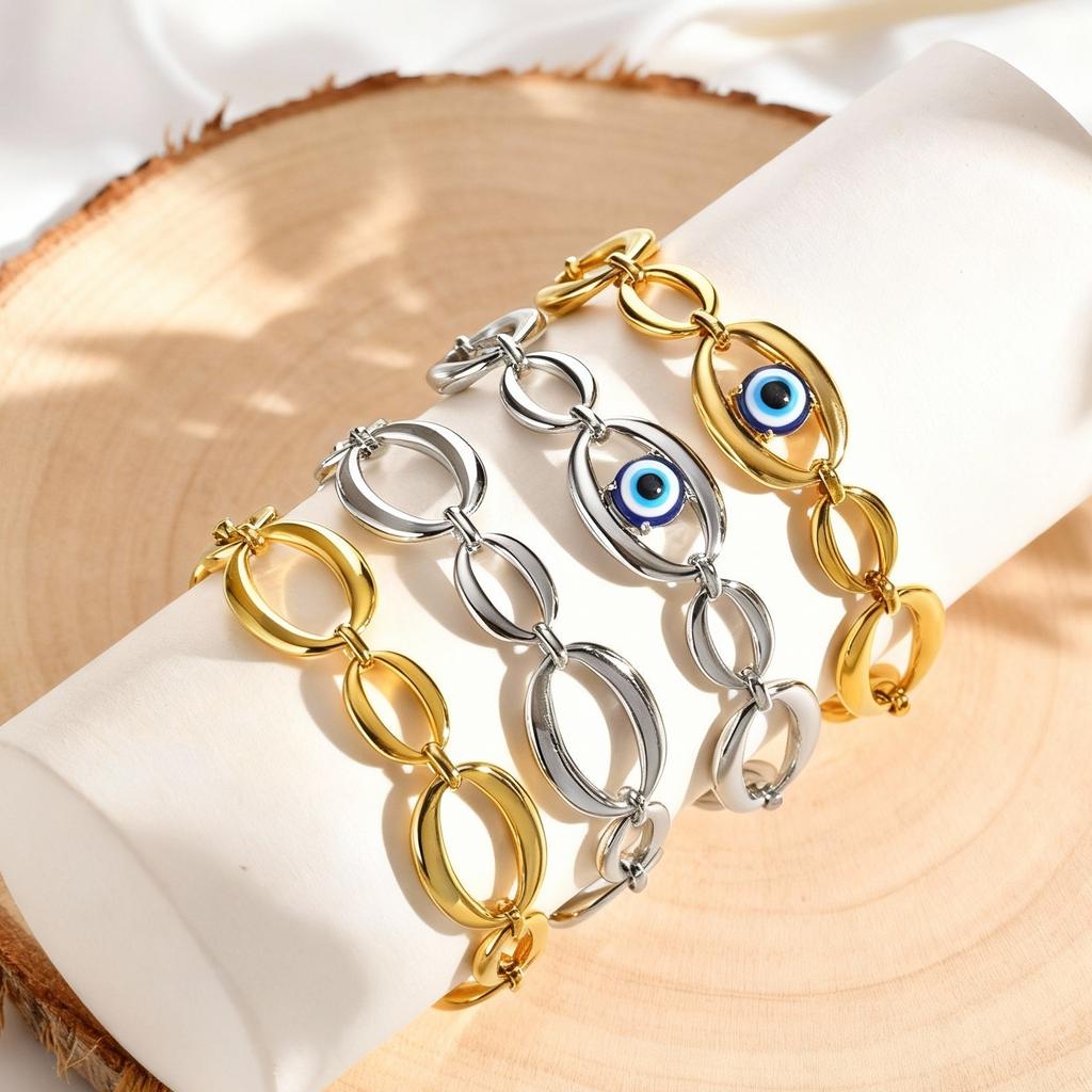 Distinctive Elliptical Devil's Eye Bracelet for Women,Stainless Steel Hand-made Chain Bracelets,Minimalist Lucky Jewelry Gift