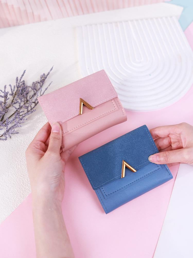 New Style Tri-fold Ladies' Wallet - V-shaped Retro Card Holder, Frosted PU Leather, Simple Student Money Clip