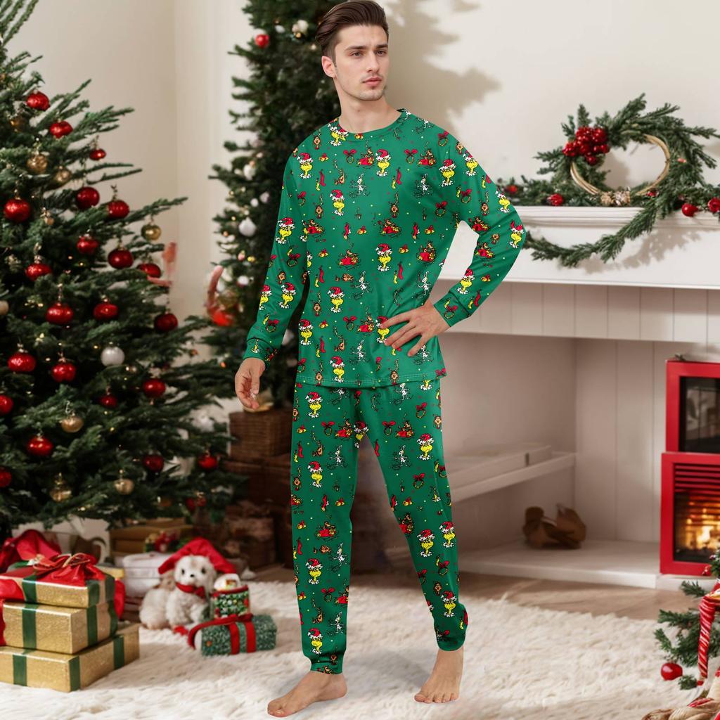 Family Matching Christmas Print Pajama Set, Round Neck Long Sleeve and Long Pants Loungewear for Holiday