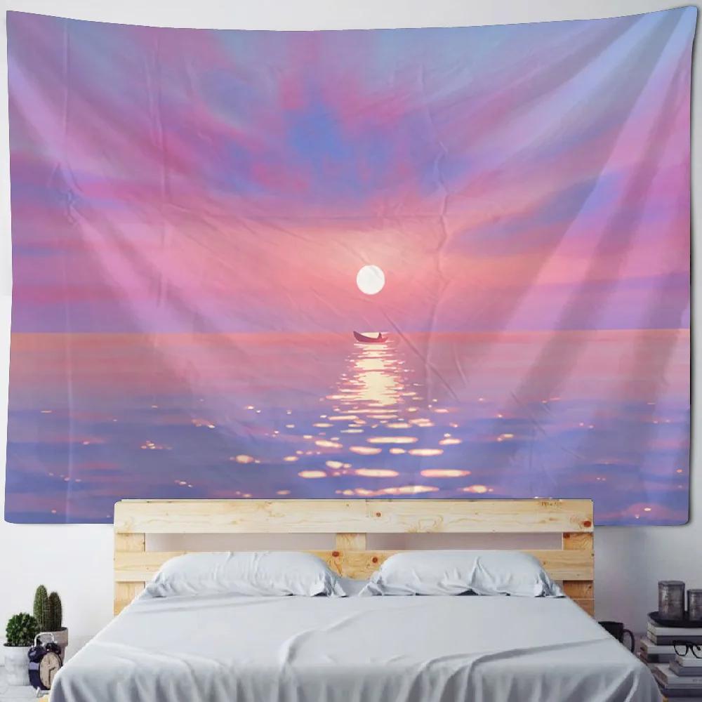 Cartoon Starry Sky Art Tapestry Pink Cloud Moon Wall Hanging Cloth Children's Room Decoration Kawaii Wall Decoration Tapestry