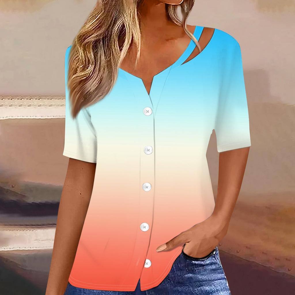 Damen T-Shirt mit Aufdruck, kurzärmelig, V-Ausschnitt, Knopfleiste, Strickjacke, T-Shirt, Top