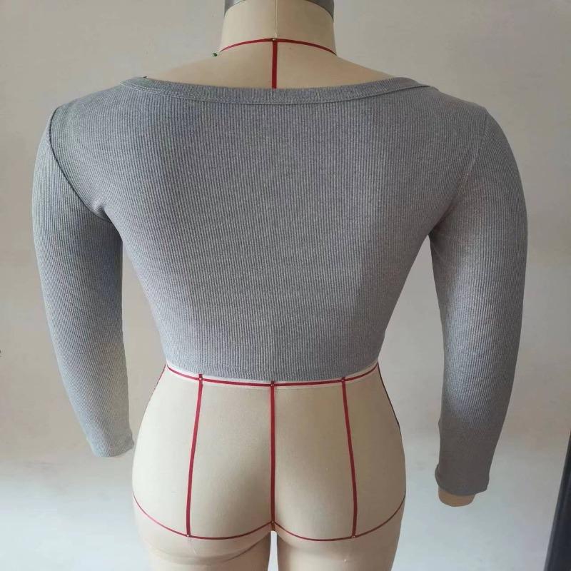 Womens Square Neck Ribbed Knit Long Sleeve Crop Top Casual Solid Color Fitted Blouse