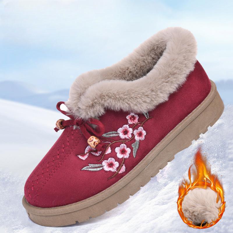 Bottines de neige chaudes à plateforme pour femmes, doublure en fausse fourrure, chaussures de marche décontractées antidérapantes brodées, bottines courtes pour femmes, chaussures d'intérieur et d'extérieur