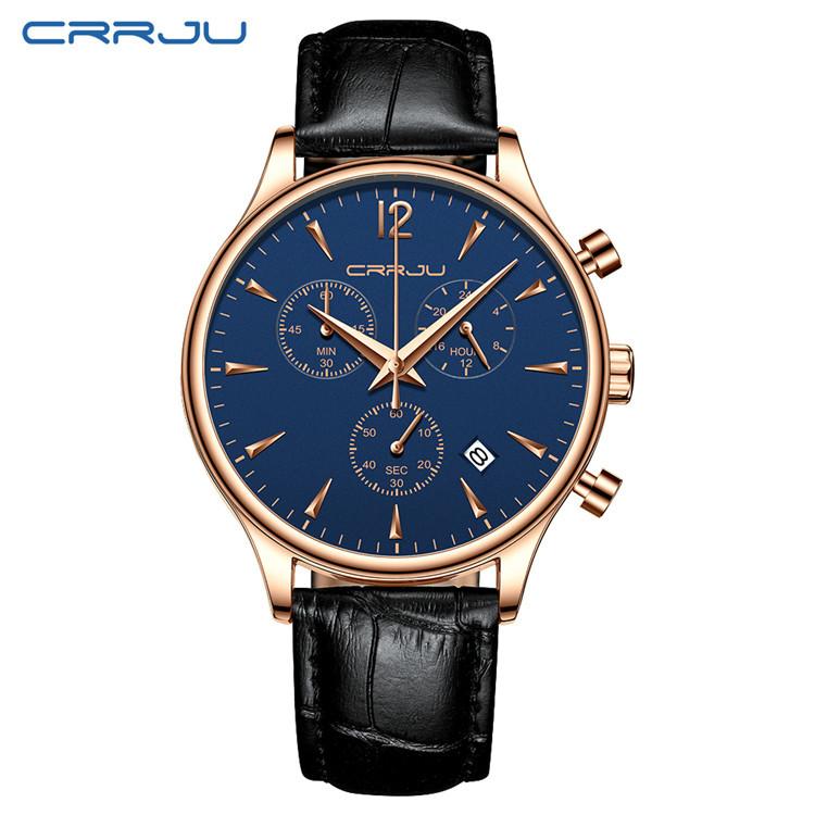 CRRJU New Leather Strap Men's Watch 2313 Steel Strap Watch Simple Business Personality Men Fashion Waterproof