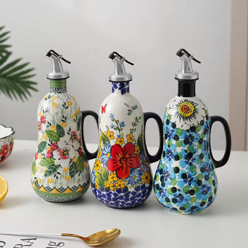 Flowers Plants Ceramic Olive Oil Bottle Soy Sauce Vinegar Multifunctional Kitchen Seasoning Drainage Bottle Kitchen Accessories