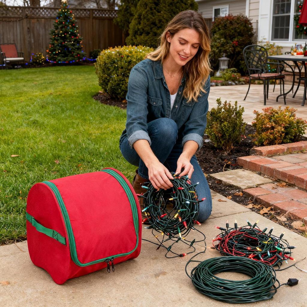 Christmas LED Light Storage Bag 24cm Christmas Light Pouch Heavy Duty Tear Proof Portable Oxford Fabric String Lights Storage