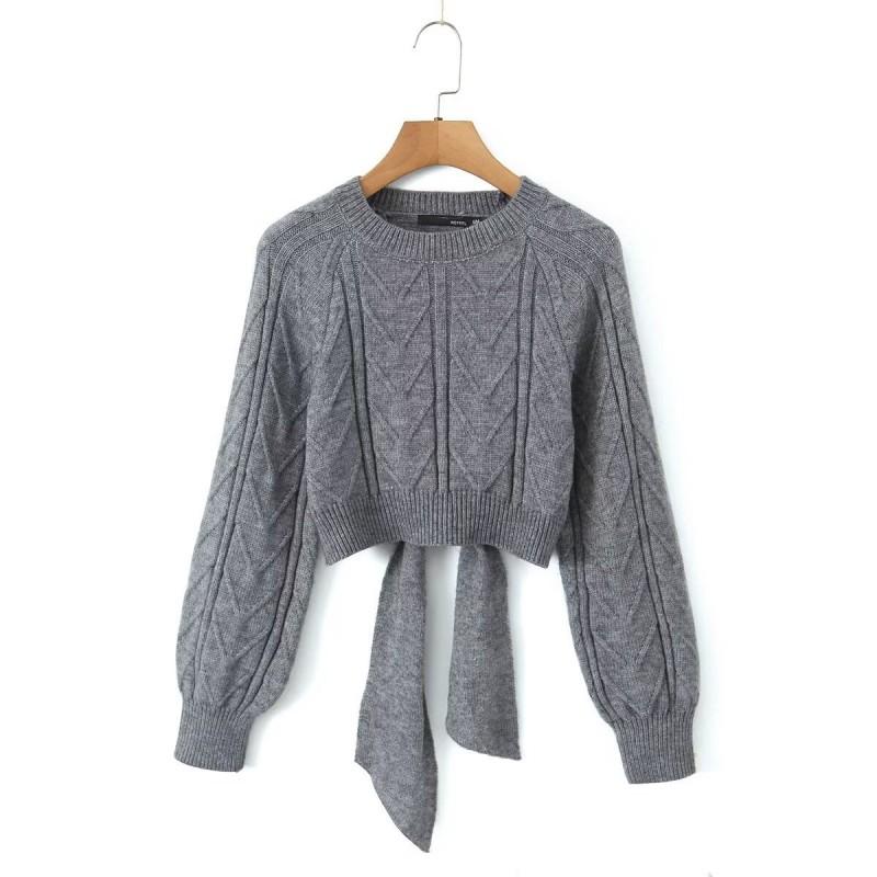 Womens Cropped Knit Sweater With Back Bow Detail Slim Fit Long Sleeve Pullover Gray Beige 2025 Fall