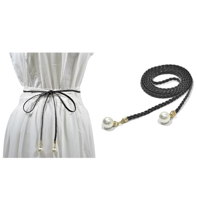 2Pcs Fashion Woven Waist Rope Adjustable Laceup Waist Belt with Pearls Decors for Women Dresses and Skirt All Matching