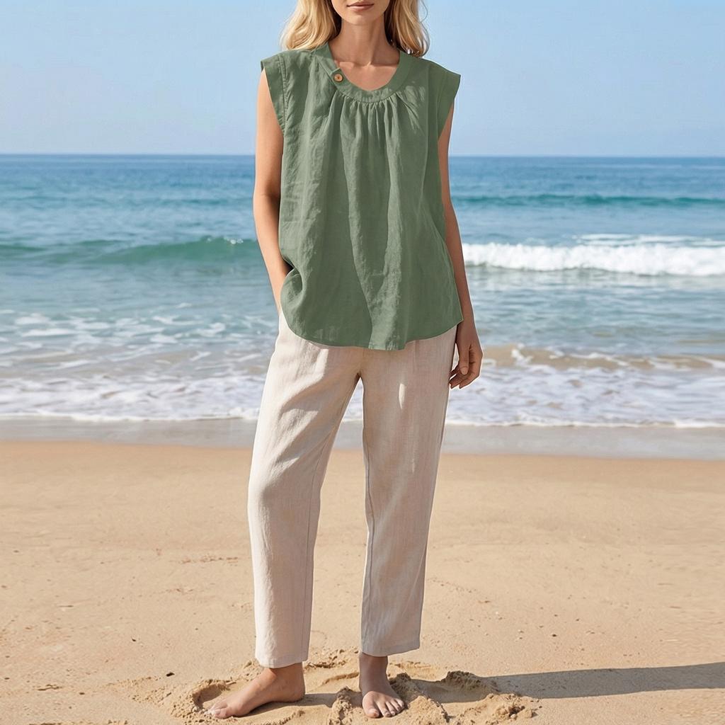 Sleeveless Loose Fit Linen Blouse for Women Casual Round Neck Solid Lightweight Summer Top Shirt