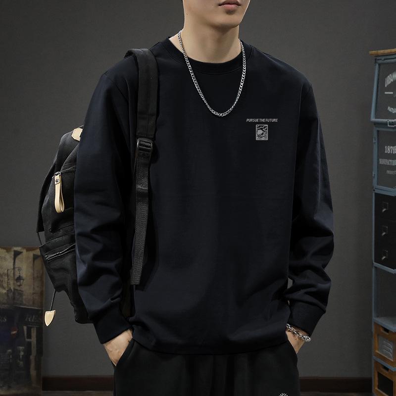 Autorización: Camiseta Base de Algodón Pesado de Manga Larga para Hombre Otoño 2025, Sudadera de Cuello Redondo de Corte Holgado