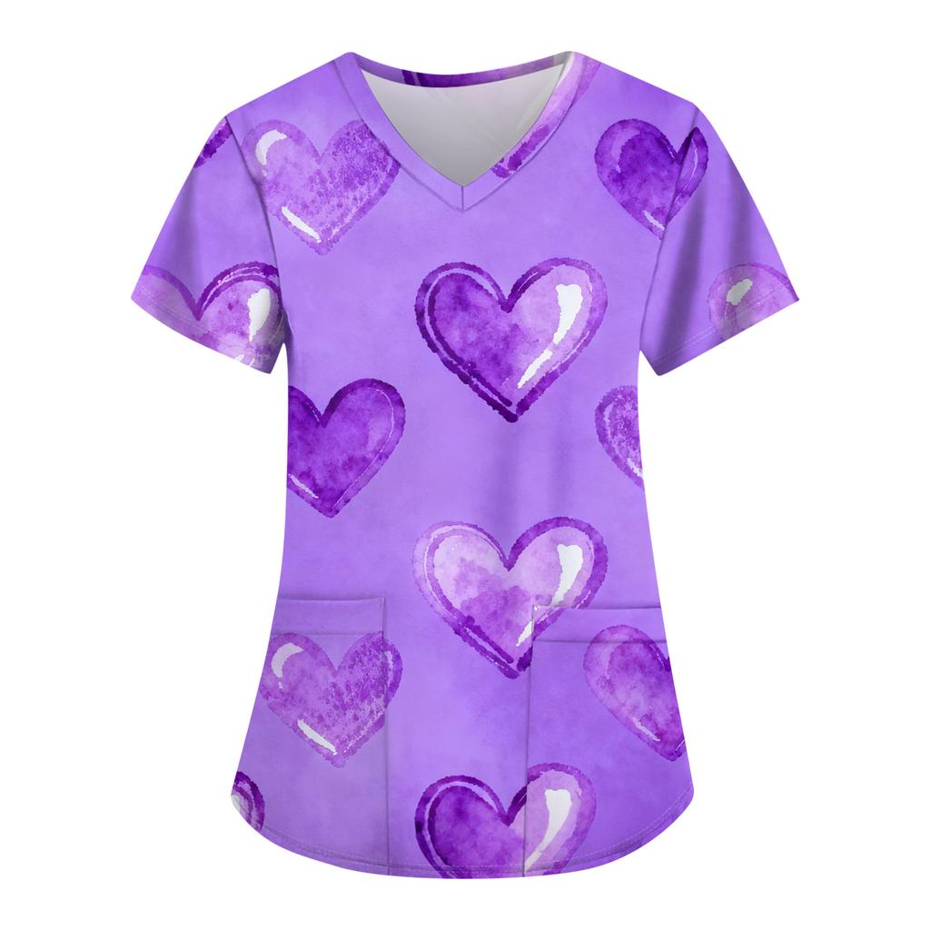 Damskie modne koszulki z krótkim rękawem i dekoltem w serek z nadrukiem i kieszeniami, do pracy