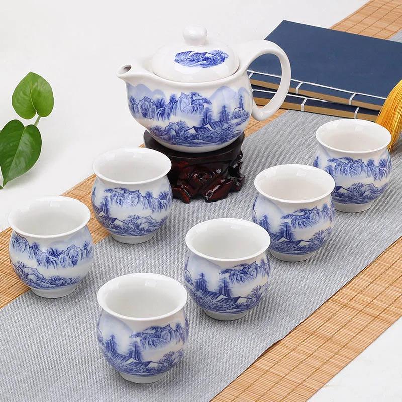 Double Ceramic Teaware Set 1tea Pot + 6cups Exquisite Teapot Kettles Tea Cup Porcelain Chinese Kung Fu Tea Set Drinkware
