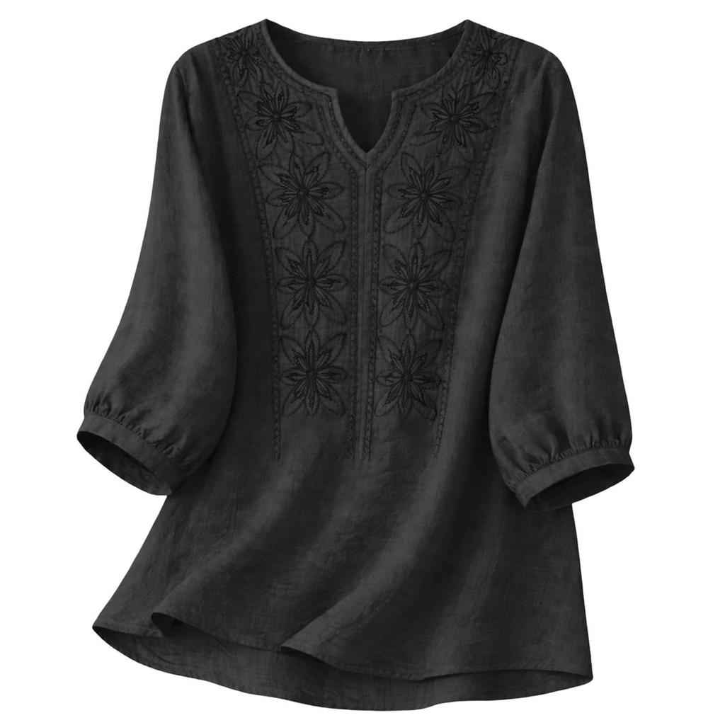 Blusa de Algodón y Lino para Mujer Bordada Floral Cuello en V Manga 3/4 Tops Casuales de Corte Holgado Camisas Tunica para Oficina Vacaciones Streetwear
