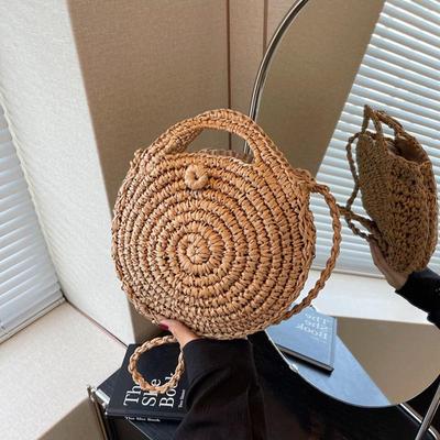 Runde Umhängetasche aus Stroh, handgefertigt, gewebte Schultertasche für Damen, Sommer-Strandtasche, Bohemia-Reisetasche, kleine Handtasche und Geldbörse