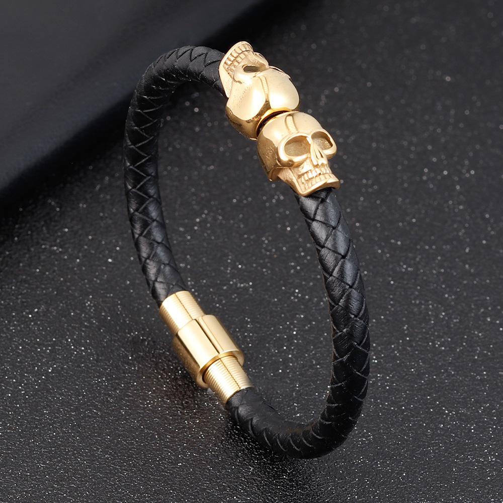 Men's Black Braided Leather Bracelet with Stainless Steel Skull Design Cool Wristband