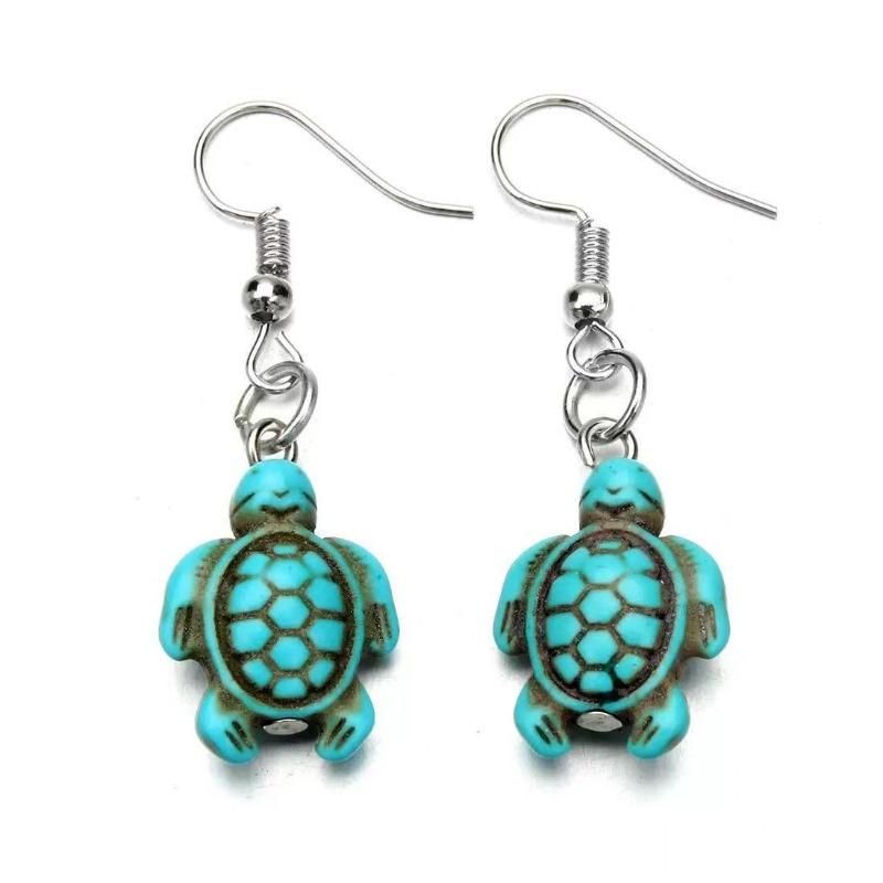 Ear Pendants with Ethnic Style, Retro Turtle Greenstone Turquoise Ear Pendants, Textured Stone Earrings