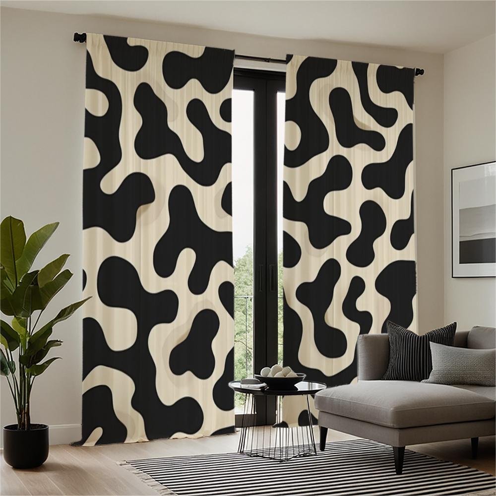Set Of 2 Modern Window Curtain Panels Black White Cow Print Semi Curtains Lightweight Polyester Drapes Livin Light Filtering