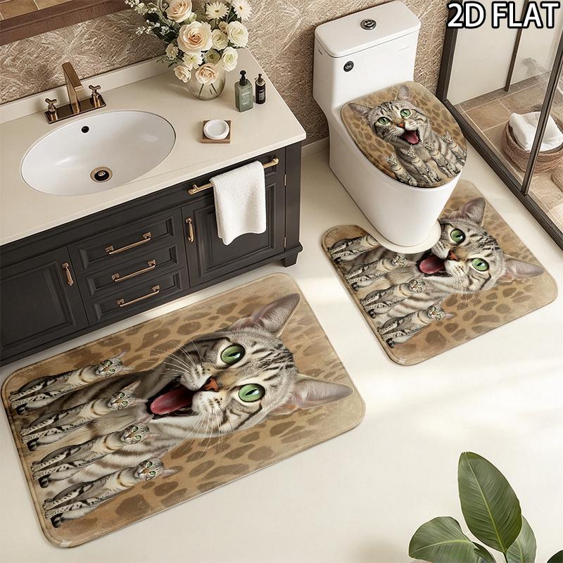 Cute Cat 3D Pattern 3Pcs Bathroom Rug Set, Non Slip Absorbent Bath Mat, Contour Mat & Toilet Lid Cover, Bathroom Decor